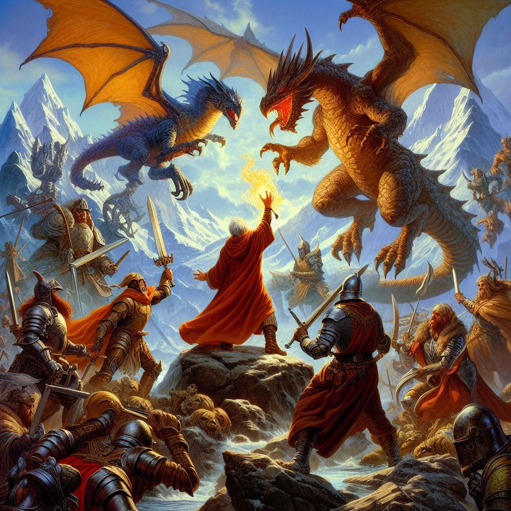 This is a fantasy picture of sorcerers and knights fighting dragons.