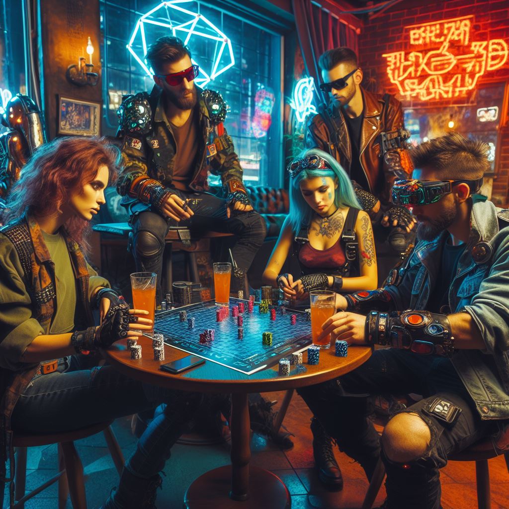 A group of cyberpunk characters plays a TRPPG.